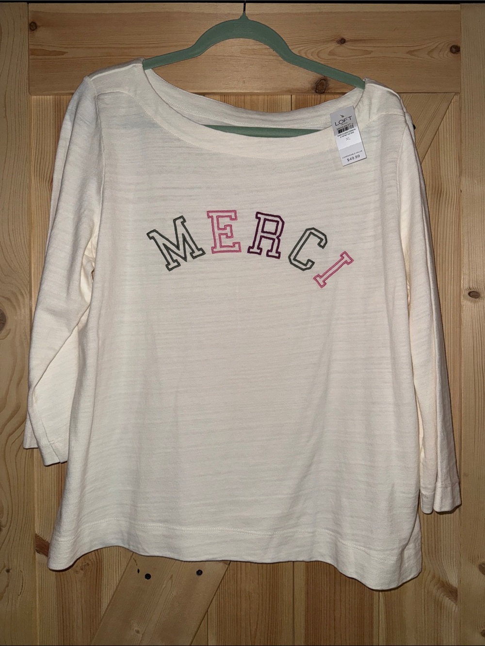 NWT LOFT Ivory "MERCI" Embroidered Long Sleeve Top